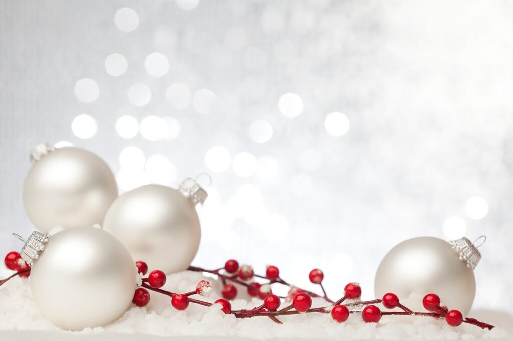 image of holiday baubles and holly berries